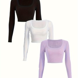 3 Packs Ribbed Square Neck Crop T-Shirts, Casual Long Sleeve Top For Spring & Fall, Women's Clothing