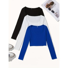 3 Packs Ribbed Square Neck Crop T-Shirts, Casual Long Sleeve Top For Spring & Fall, Women's Clothing