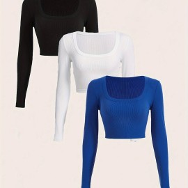 3 Packs Ribbed Square Neck Crop T-Shirts, Casual Long Sleeve Top For Spring & Fall, Women's Clothing