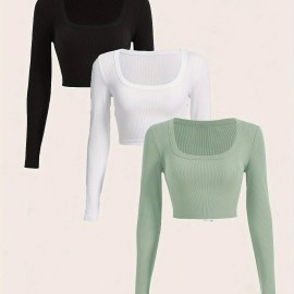 3 Packs Ribbed Square Neck Crop T-Shirts, Casual Long Sleeve Top For Spring & Fall, Women's Clothing