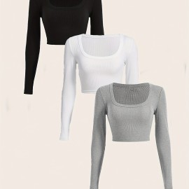 3 Packs Ribbed Square Neck Crop T-Shirts, Casual Long Sleeve Top For Spring & Fall, Women's Clothing