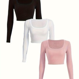 3 Packs Ribbed Square Neck Crop T-Shirts, Casual Long Sleeve Top For Spring & Fall, Women's Clothing