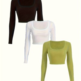 3 Packs Ribbed Square Neck Crop T-Shirts, Casual Long Sleeve Top For Spring & Fall, Women's Clothing