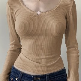 Lace Trim Ribbed Crew Neck T-Shirt, Casual Long Sleeve Top For Spring & Fall, Women's Clothing