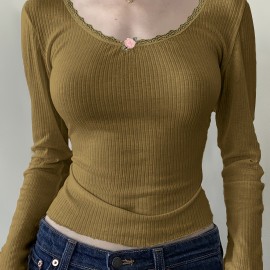 Lace Trim Ribbed Crew Neck T-Shirt, Casual Long Sleeve Top For Spring & Fall, Women's Clothing