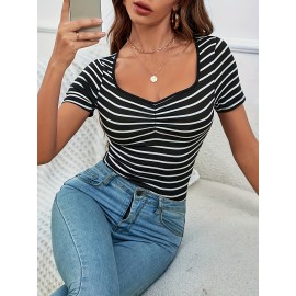 Striped Print V Neck T-Shirt, Casual Short Sleeve Ruched Top For Spring & Summer, Women's Clothing