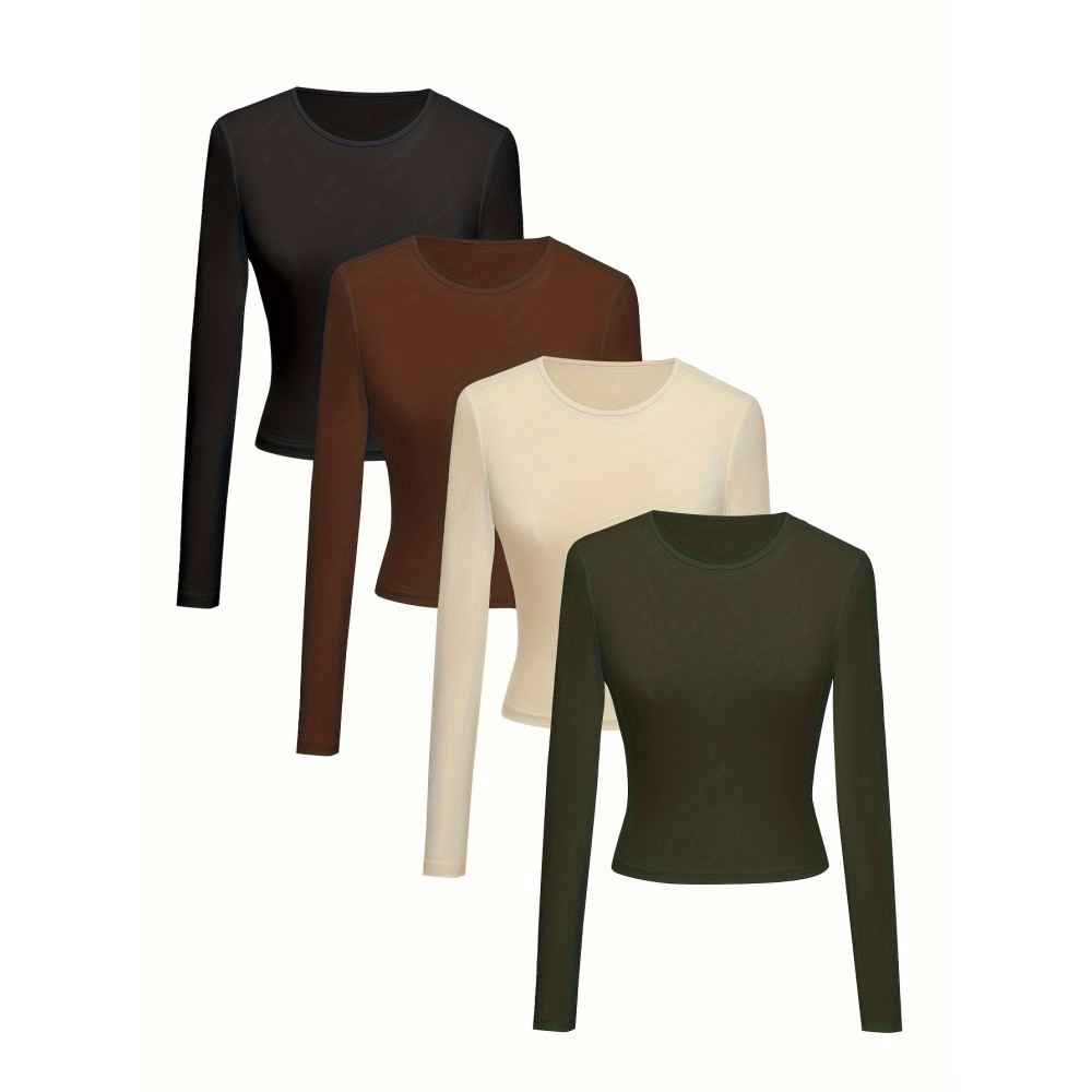 Solid 4 Packs T-shirt, Casual Long Sleeve Crew Neck T-shirt, Women's Clothing