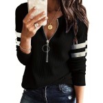 Zipper Panel V Neck T-shirt, Casual Solid Loose Basic Long Sleeve T-Shirts Tops, Women's Clothing