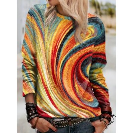 Abstract Print T-shirt, Casual Crew Neck Long Sleeve T-shirt, Women's Clothing