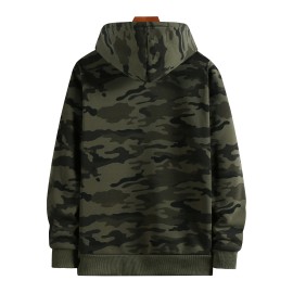 Men's Camo Loose Pullover Hooded Fleece Sweatshirt For Autumn And Winter