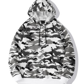 Men's Camo Loose Pullover Hooded Fleece Sweatshirt For Autumn And Winter