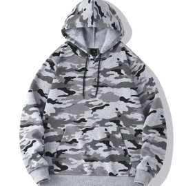 Men's Camo Loose Pullover Hooded Fleece Sweatshirt For Autumn And Winter