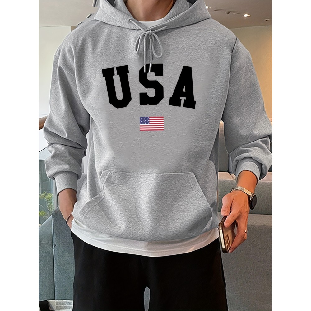 Fashion USA Flag Letter Print Men's Hooded Sweatshirt - Fleece Lined Warm Hoodie for All-day Comfort