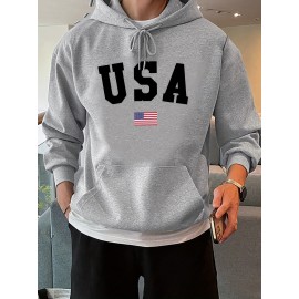 Fashion USA Flag Letter Print Men's Hooded Sweatshirt - Fleece Lined Warm Hoodie for All-day Comfort