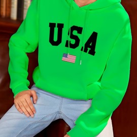 Fashion USA Flag Letter Print Men's Hooded Sweatshirt - Fleece Lined Warm Hoodie for All-day Comfort