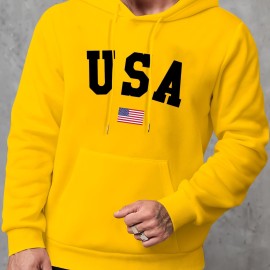 Fashion USA Flag Letter Print Men's Hooded Sweatshirt - Fleece Lined Warm Hoodie for All-day Comfort