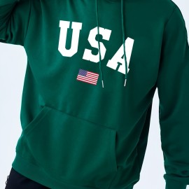 Fashion USA Flag Letter Print Men's Hooded Sweatshirt - Fleece Lined Warm Hoodie for All-day Comfort