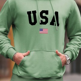 Fashion USA Flag Letter Print Men's Hooded Sweatshirt - Fleece Lined Warm Hoodie for All-day Comfort