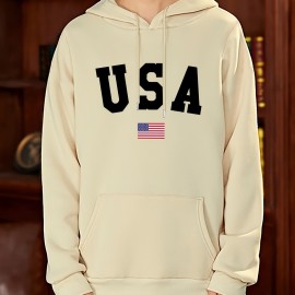 Fashion USA Flag Letter Print Men's Hooded Sweatshirt - Fleece Lined Warm Hoodie for All-day Comfort