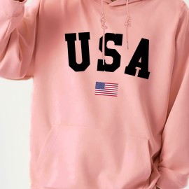 Fashion USA Flag Letter Print Men's Hooded Sweatshirt - Fleece Lined Warm Hoodie for All-day Comfort