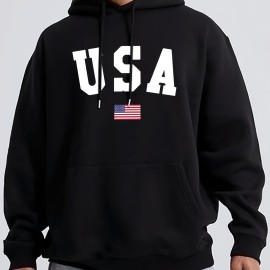 Fashion USA Flag Letter Print Men's Hooded Sweatshirt - Fleece Lined Warm Hoodie for All-day Comfort