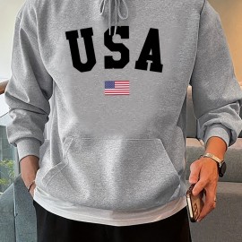 Fashion USA Flag Letter Print Men's Hooded Sweatshirt - Fleece Lined Warm Hoodie for All-day Comfort