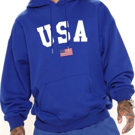 Fashion USA Flag Letter Print Men's Hooded Sweatshirt - Fleece Lined Warm Hoodie for All-day Comfort