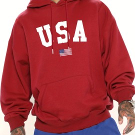 Fashion USA Flag Letter Print Men's Hooded Sweatshirt - Fleece Lined Warm Hoodie for All-day Comfort