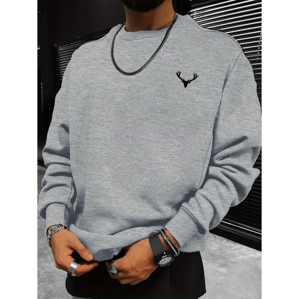 Deer Horn Print Men's Round Neck Sweatshirt - Loose Trendy Pullover for Autumn Winter