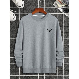 Deer Horn Print Men's Round Neck Sweatshirt - Loose Trendy Pullover for Autumn Winter