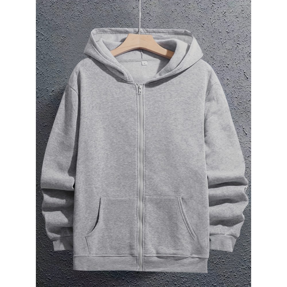 Men's Solid Color Full Zip Hooded Sweatshirt - Casual Long Sleeve Hoodie Jacket