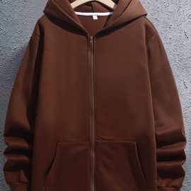 Men's Solid Color Full Zip Hooded Sweatshirt - Casual Long Sleeve Hoodie Jacket