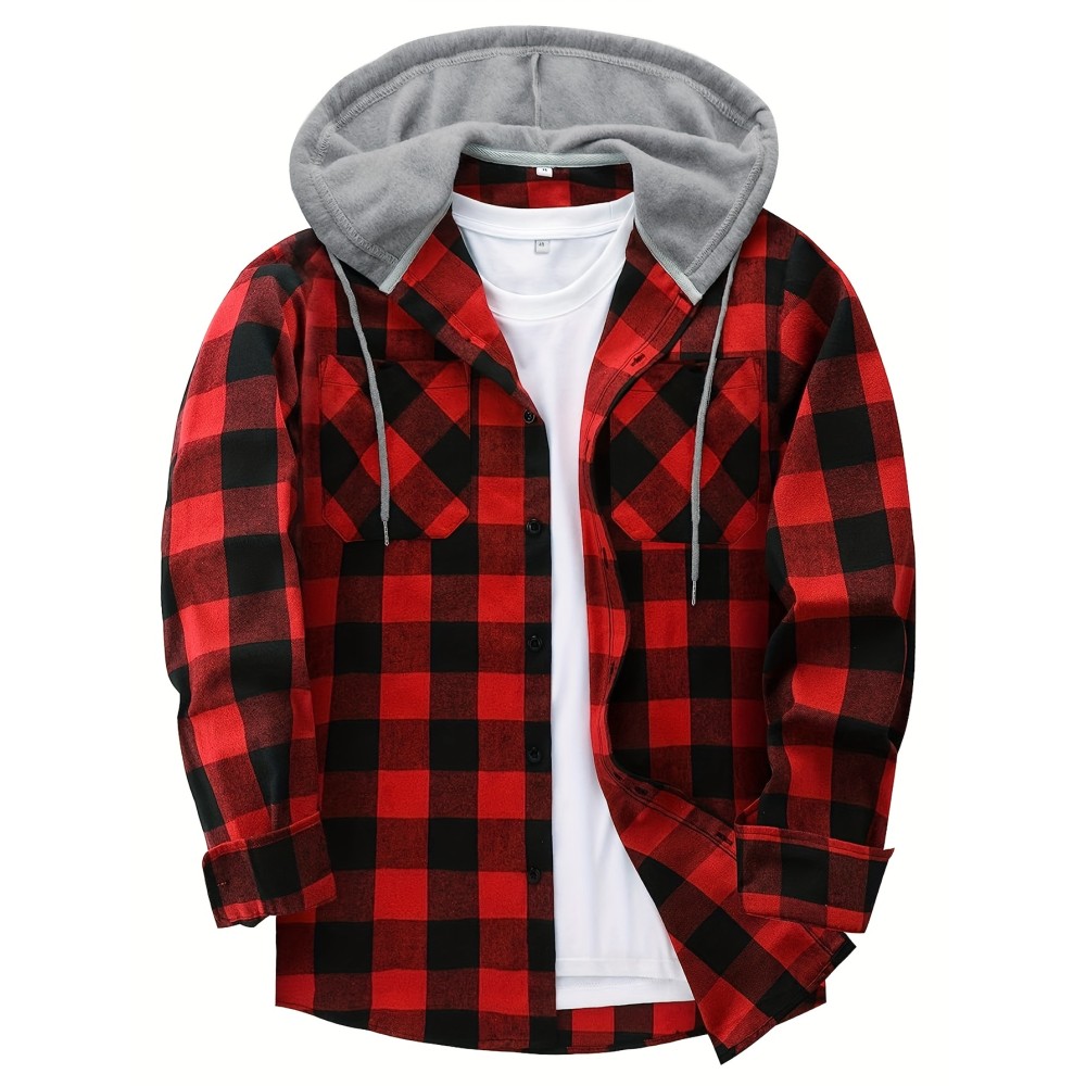 Men's Plaid Hooded Shirt Jacket - Long Sleeve Casual Regular Fit Button Up Coat