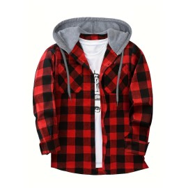 Men's Plaid Hooded Shirt Jacket - Long Sleeve Casual Regular Fit Button Up Coat