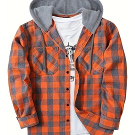 Men's Plaid Hooded Shirt Jacket - Long Sleeve Casual Regular Fit Button Up Coat