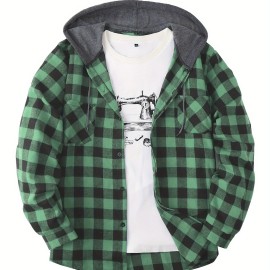 Men's Plaid Hooded Shirt Jacket - Long Sleeve Casual Regular Fit Button Up Coat