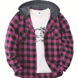 Men's Plaid Hooded Shirt Jacket - Long Sleeve Casual Regular Fit Button Up Coat