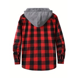 Men's Plaid Hooded Shirt Jacket - Long Sleeve Casual Regular Fit Button Up Coat