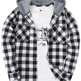 Men's Plaid Hooded Shirt Jacket - Long Sleeve Casual Regular Fit Button Up Coat