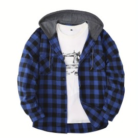 Men's Plaid Hooded Shirt Jacket - Long Sleeve Casual Regular Fit Button Up Coat