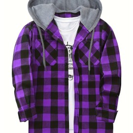 Men's Plaid Hooded Shirt Jacket - Long Sleeve Casual Regular Fit Button Up Coat