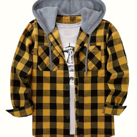 Men's Plaid Hooded Shirt Jacket - Long Sleeve Casual Regular Fit Button Up Coat