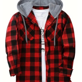 Men's Plaid Hooded Shirt Jacket - Long Sleeve Casual Regular Fit Button Up Coat