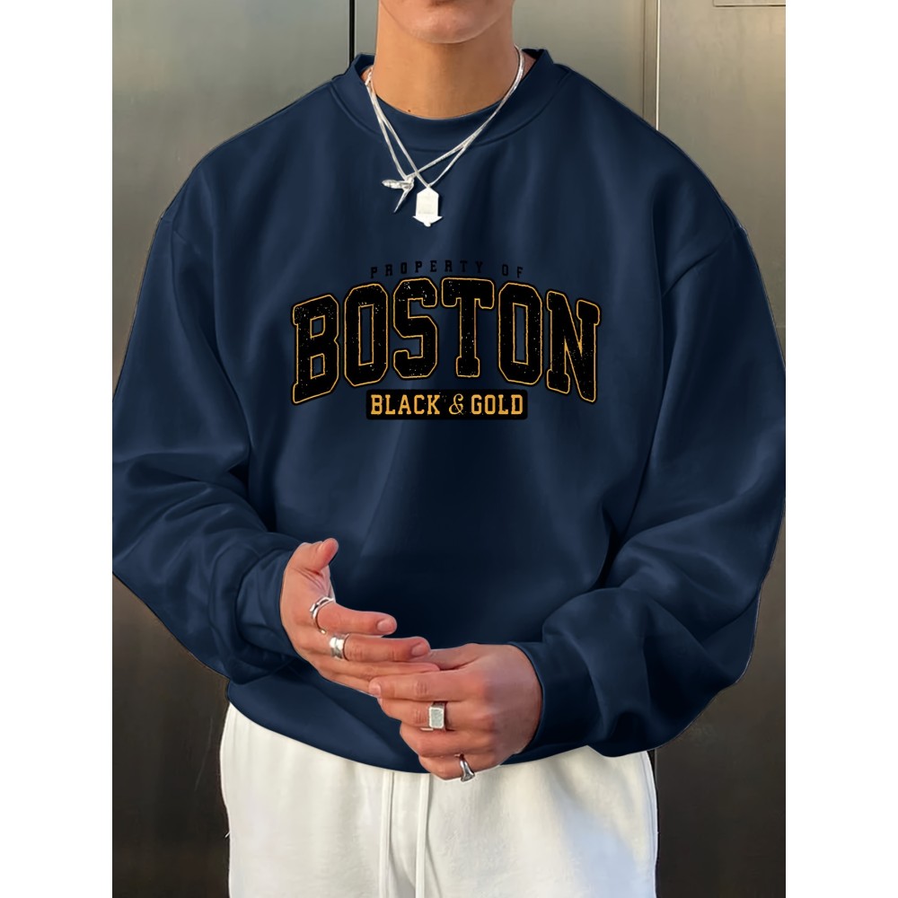 BOSTON Men's Casual Long Sleeve Crew Neck Pullover Sweatshirt - Perfect for Outdoor Sports and Layering in Autumn and Spring - Great Gift Idea