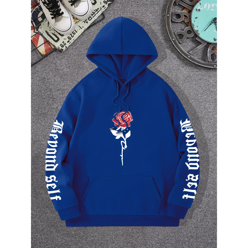 Men's Rose Artistic Letters Print Hooded Sweatshirt - Casual Long Sleeve Pullover for Autumn/Winter