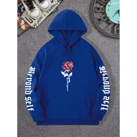 Men's Rose Artistic Letters Print Hooded Sweatshirt - Casual Long Sleeve Pullover for Autumn/Winter