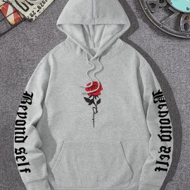 Men's Rose Artistic Letters Print Hooded Sweatshirt - Casual Long Sleeve Pullover for Autumn/Winter