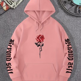 Men's Rose Artistic Letters Print Hooded Sweatshirt - Casual Long Sleeve Pullover for Autumn/Winter