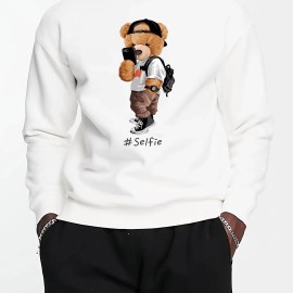 Men's Casual Round Neck Pullover Sweatshirt with Cartoon Bear Selfie Print