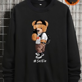 Men's Casual Round Neck Pullover Sweatshirt with Cartoon Bear Selfie Print